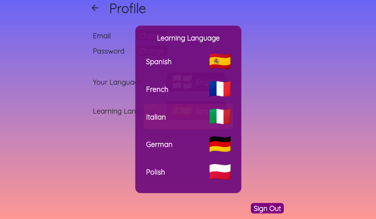 Linguini AI User Profile Page Options Desktop