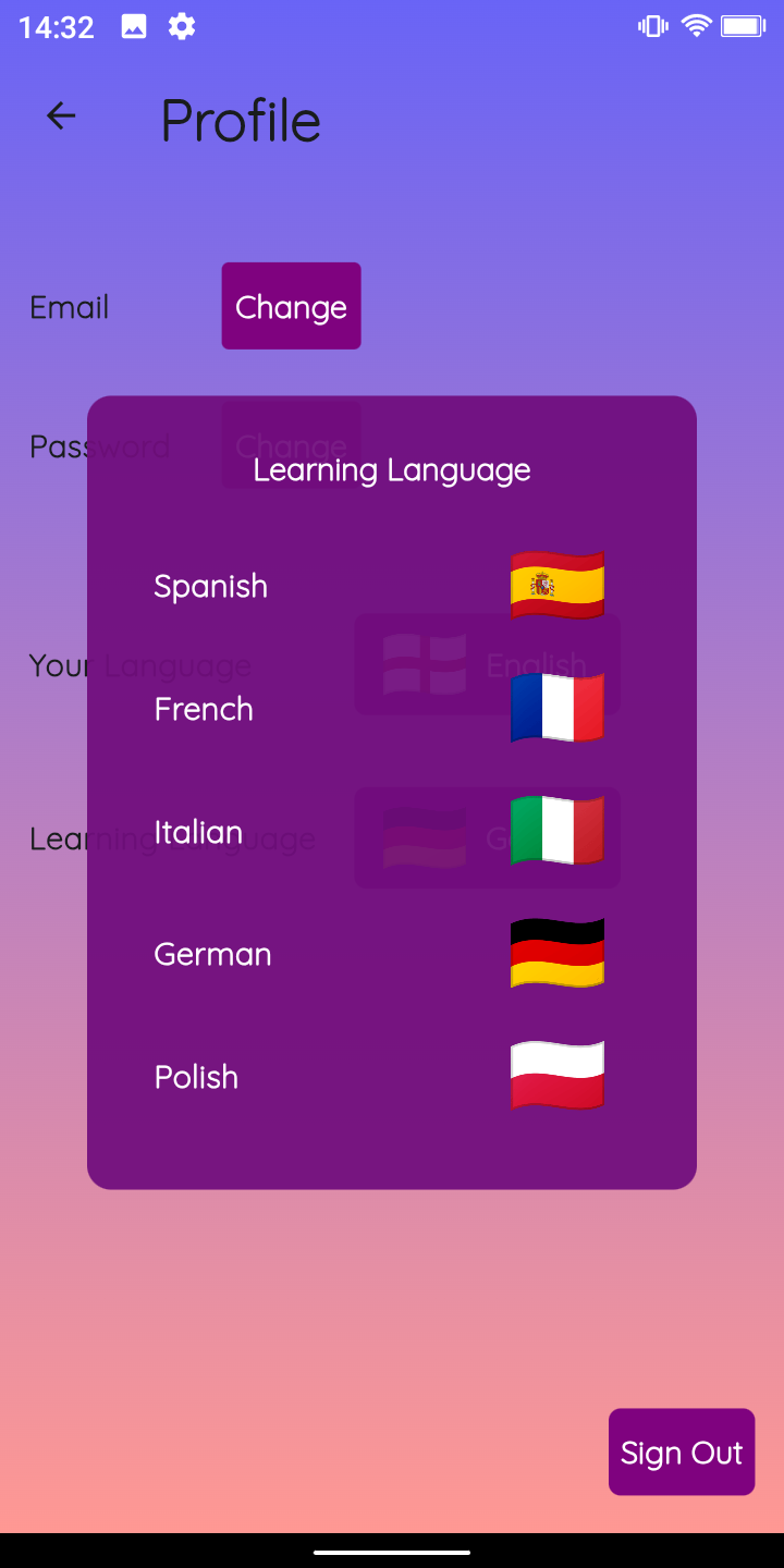 Linguini AI User Profile Page Options Mobile